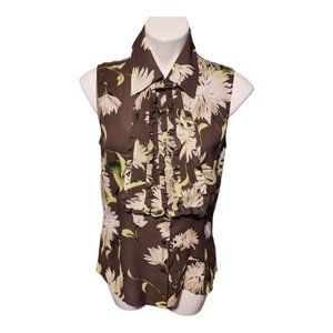 LINDA ALLARD ELLEN TRACY Brown Floral Sheer Silk‎ Tie Sleeveless Blouse Size 10